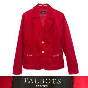Talbots women’s red corduroy jacket/blazer with two button closure. Size 16p